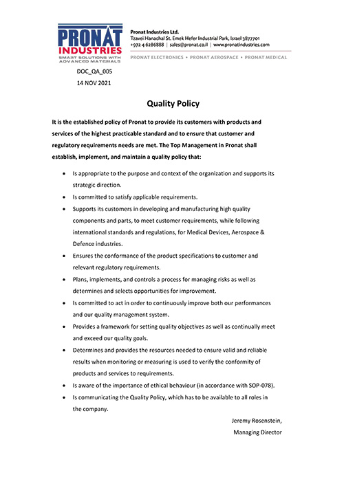 Pronat Industries quality policy